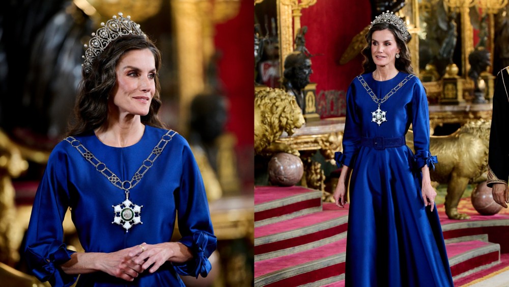 Queen Letizia of Spain wears a gown by The 2nd Skin Co. and the Loop Tiara at a dinner gala at the Royal Palace on Nov. 4, 2025 in Madrid.