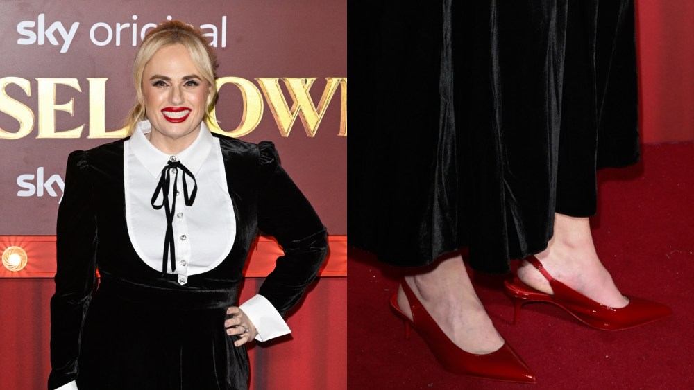 rebel wilson, slingbacks, red carpet