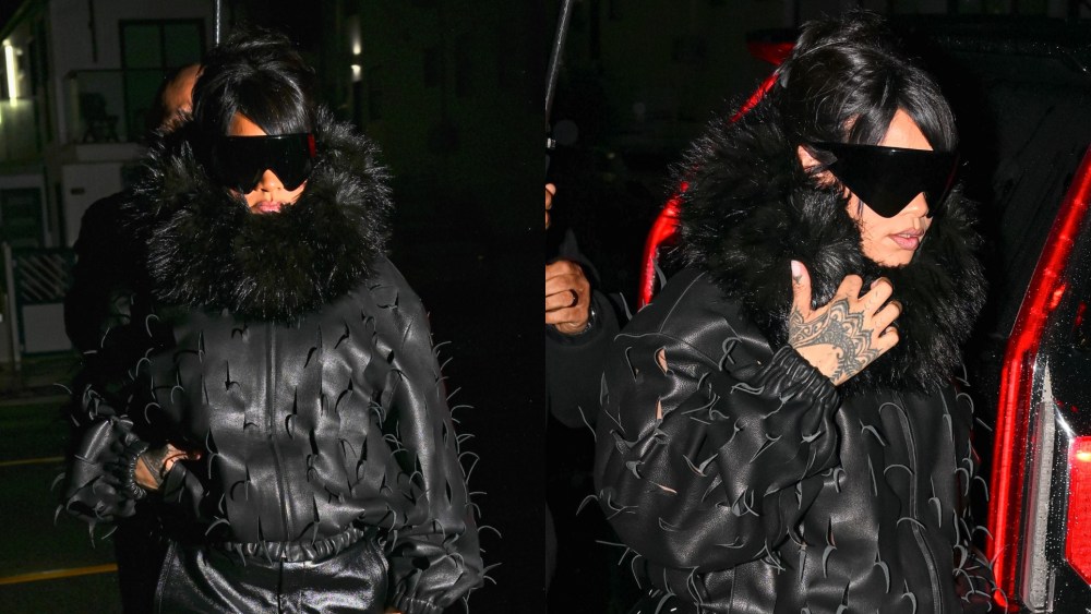 Rihanna wears a spiky jacket and leather maxiskirt out in Santa Monica on Nov. 20, 2025.