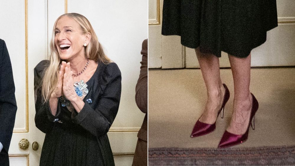 Sarah Jessica Parker wears Rene Caovilla Taylor Pump 100 in Crimson at the Booker Prizer 2025 Ceremony at Clarence House in London on Monday.