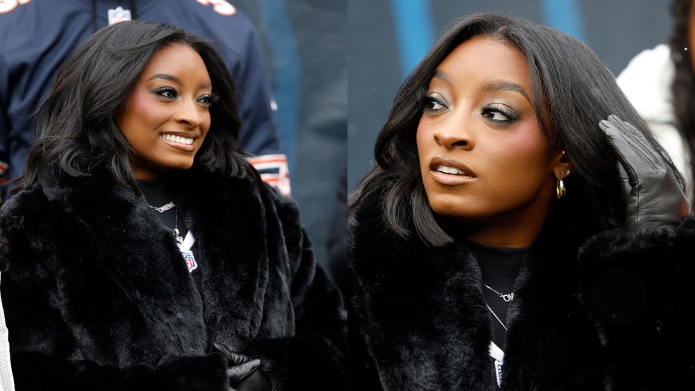 Simone Biles styles winter wardrobe staples at the game between the Chicago Bears and the New York Giants at Soldier Field on Nov. 9, 2025 in Chicago, Ill.