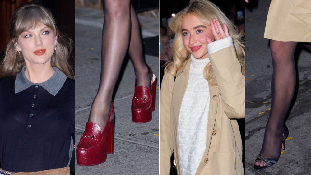 Taylor Swift in burgundy Gucci horsebit loafer-style platform pumps and Sabrina Carpenter in peep-toe Pedro Garcia heels in New York City on Friday night.