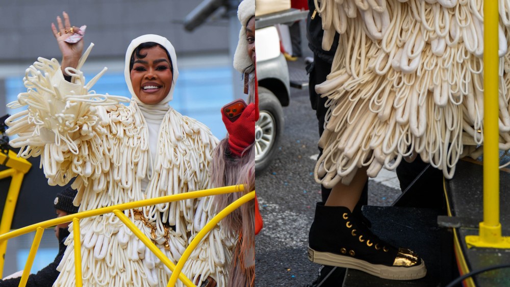 teyana taylor, white coat, schiaparelli sneakers, gold toe, thanksgiving day parade 2025