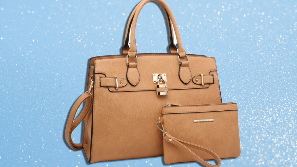 dupe birkin bag from walmart over light blue sparkly background