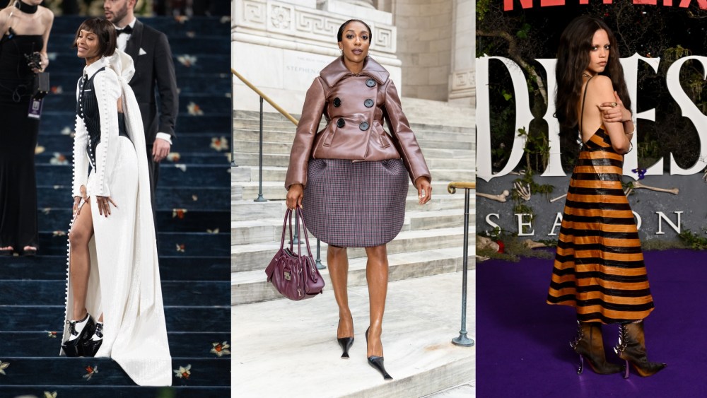 Left: Zoe Saldaña arrives to The 2025 Met Gala Celebrating Superfine: Tailoring Black Style at The Metropolitan Museum of Art on May 5, 2025 in New York City.
Middle: Ego Nwodim arrives at the Marc Jacobs 2026 Fashion Show at New York Public Library on June 30, 2025 in New York City.
Right: Jenna Ortega attends the "Wednesday" S2, Part 2 'Wednesday Island Fan Event' on Cockatoo Island on Aug. 16, 2025 in Sydney, Australia.