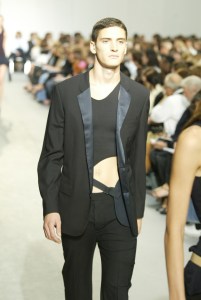 A model walks down the runway at the Spring 2004 Helmut Lang show in Paris.