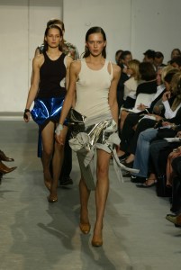 A model walks down the runway at the Spring 2004 Helmut Lang show in Paris.