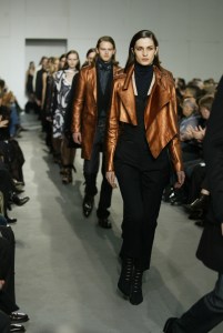 A model walks down the runway at the Fall 2004 Helmut Lang show in Paris.