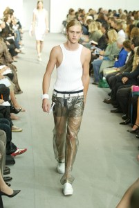 A model walks down the runway at the Spring 2005 Helmut Lang show in Paris.