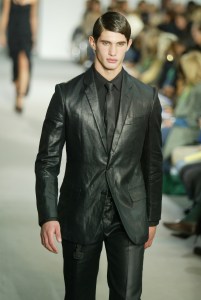 A model walks down the runway at the Spring 2005 Helmut Lang show in Paris.