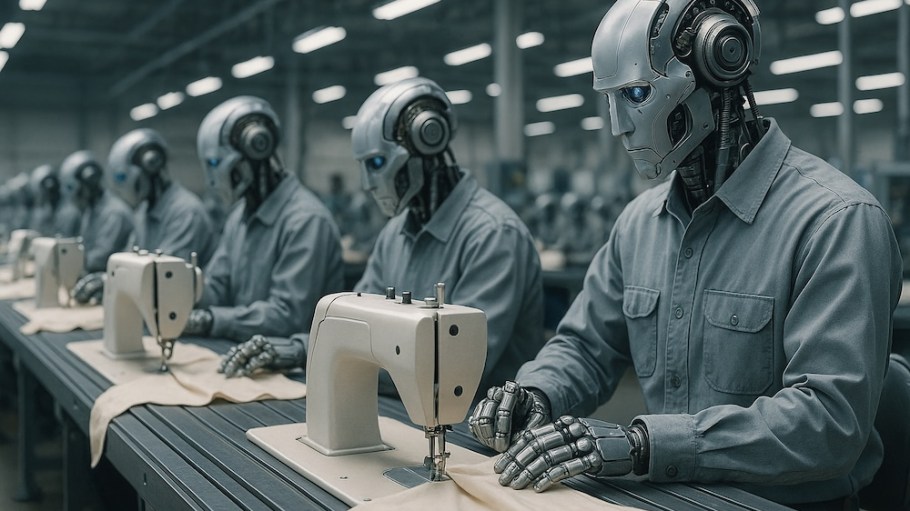 Conceptual photo: People are losing their jobs due to the development of technology and AI. Robots work at machines in a factory.