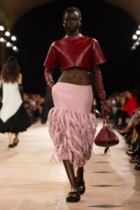 Model on the runway on the runway at the Balenciaga fashion show as part of Spring/Summer 2026 Paris Fashion Week on October 04, 2025 in Paris, France.