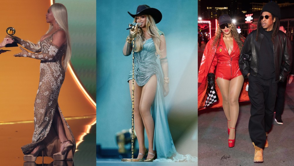 Left: Beyoncé Knowles-Carter at the 67th Grammys Awards held at the Crypto.com Arena in Los Angeles, CA Sunday, Feb. 2, 2025.
Middle: Beyoncé Knowles-Carter performing in a custom Balmain dress and custom Amina Muaddi shoes at Stade de France in Paris on June 22, 2025. 
Right: Beyoncé and Jay-Z during the F1 Grand Prix of Las Vegas at Las Vegas Strip Circuit on November 22, 2025 in Las Vegas, Nevada.