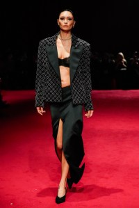 Model on the runway at Christian Siriano Fall RTW 2025 fashion show as part of New York Fashion Week held at Chelsea Industrial on February 06, 2025 in New York, New York.