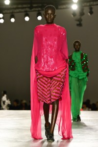 Model on the runway on the runway at the Dries Van Noten fashion show as part of Spring/Summer 2026 Paris Fashion Week held at Palais de Tokyo on September 30, 2025 in Paris, France.