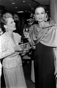 Jacqueline De Ribes and guest attend a party in honor of her first fashion collection showing in Beverly Hills on August 8, 1983.