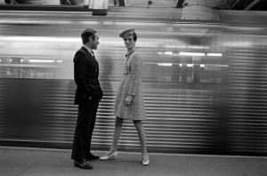 Designer Chester Weinberg with model in a look from his spring collection and hat by Adolfo Sardina on the New York City Subway.