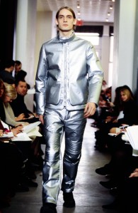 A model walks in the Helmut Lang Fall 1999 Ready to Wear Runway Show on February 16, 1999, in New York City.