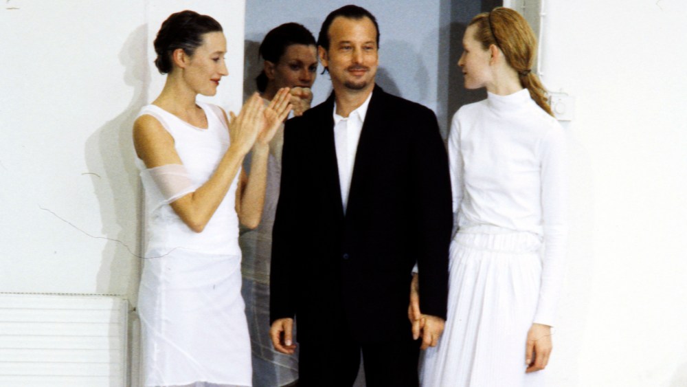 Designer Helmut Lang makes an appearance at the finale of the Helmut Lang fall 1997 runway show on March 14, 1997, in Paris, France.