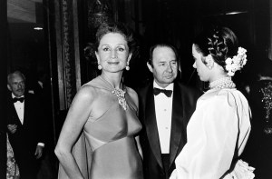 (L-R, foreground) Jacqueline de Ribes, Edouard de Ribes, and Meyrl Lanvin attend an event at Le Grand Hotel in Paris, France, on May 12, 1977.
