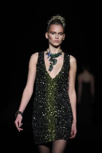 A model on the runway at Badgley Mischka's Fall 2010 show at Bryant Park. (Photo by John Aquino/WWD/Penske Media via Getty Images)