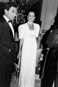 Jacqueline de Ribes (R) and guest attend the Embassy Ball at the Plaza Hotel in New York City on May 7, 1987.