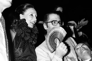 Jacqueline de Ribes, Karl Lagerfeld and Nan Kempner at Fabrice Emaer's circus party at The Palace on the Rue Faubourg Montmartre on July 6, 1979 in Paris, France.