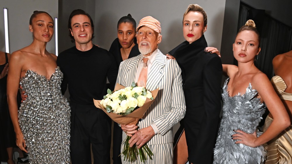 Adwoa Aboah, Marco Capaldo, Kai-Isaiah Jamal, Antony Price, Edie Campbell and Lila Moss pose backstage at the 16Arlington x Antony Price Salon show