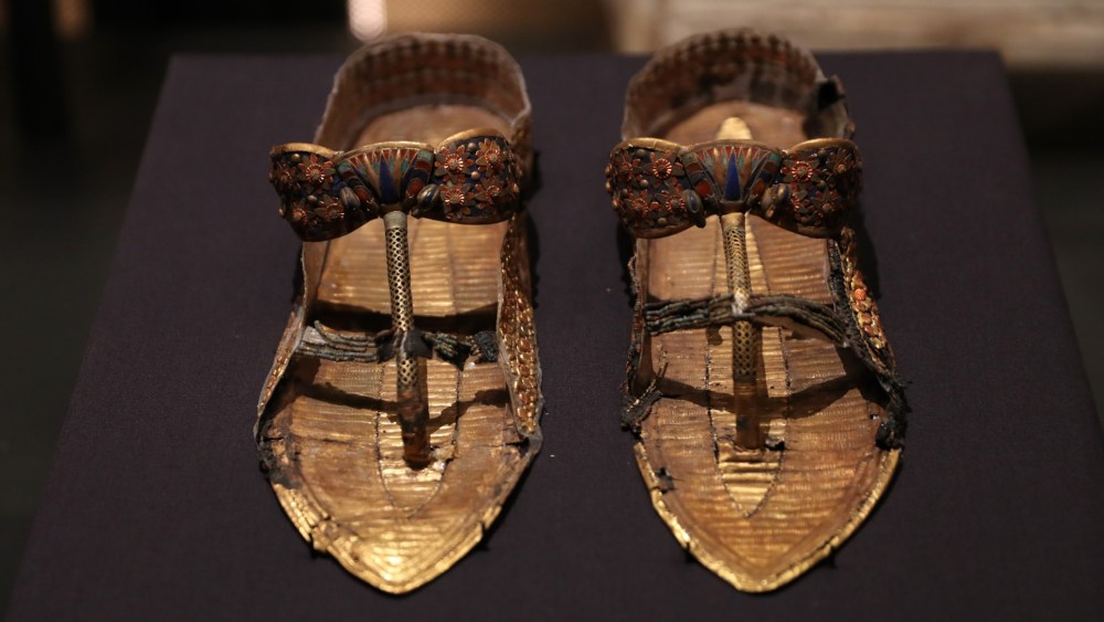 This photo taken on Nov. 4, 2025 shows a pair of sandals at the King Tutankhamun exhibition hall of the Grand Egyptian Museum in Giza, Egypt.