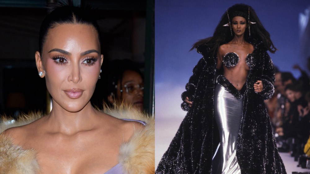 Kim Kardashian (left) and supermodel Iman in the Thierry Mugler winter 1986 show (right).