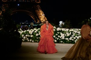 Model on the runway on the runway at the Saint Laurent fashion show as part of Spring/Summer 2026 Paris Fashion Week on September 29, 2025 in Paris, France.