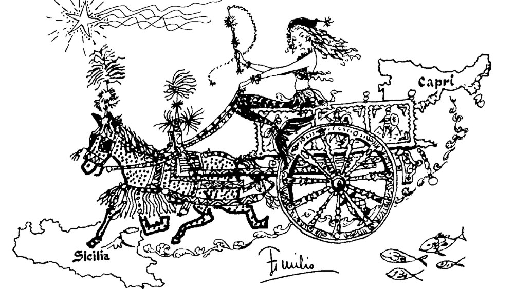 A drawing by  Emilio Pucci from the 1950s depicting a mermaid on a Sicilian cart.
