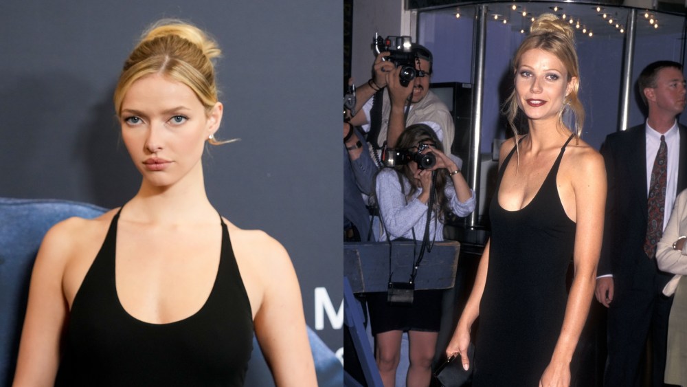 Apple Martin wears mom Gwyneth Paltrow's Calvin Klein Collection dress at the 'Marty Supreme' premiere in New York City.