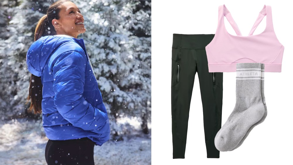 athleta model photographed in the snow while wearing a blue puffer; assortment of athleta bestsellers, like a sports bra, leggings, and socks, over a white background
