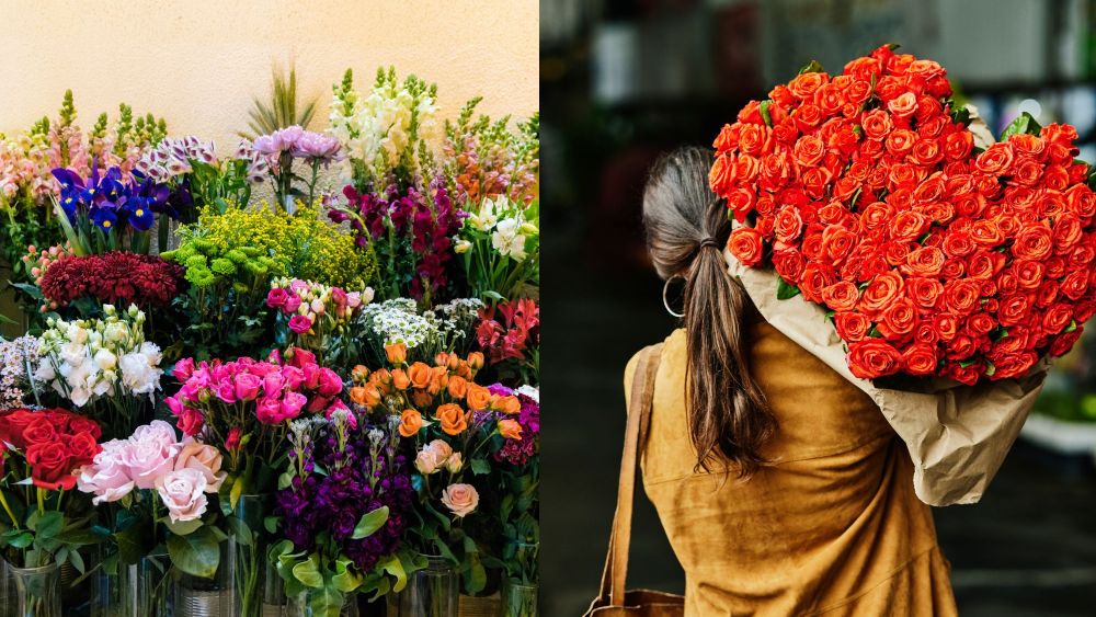 a selecting of bright bouquets at a store; woman holding an oversized rose arrangement; best floral delivery for mother's day 2026