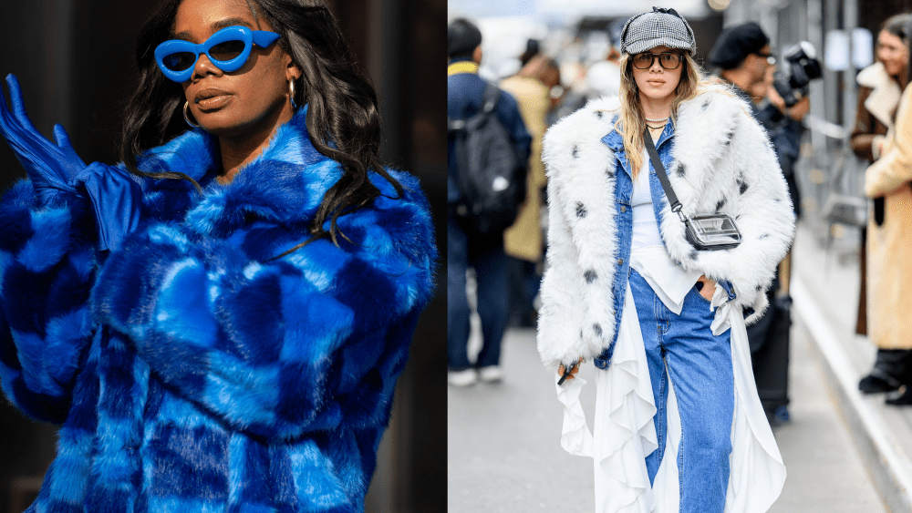 woman on the street wearing blue sunglasses and a blue faux fur coat; woman on the street wearing a longline white fur coat with a denim ensemble