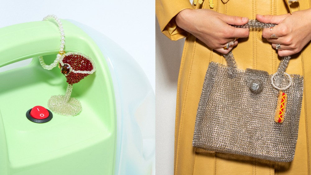 a bissell green carpet cleaner adorned by a martini glass charm; woman holding beaded bag with hot dog charm on it