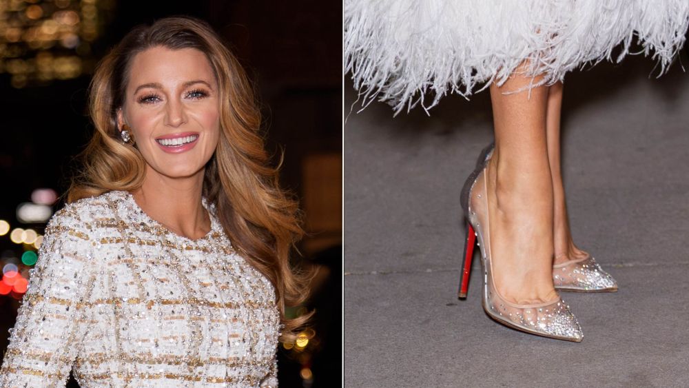 Blake Lively played with texture in Christian Louboutin Follies Strassita embellished pumps in New York City on Tuesday.
