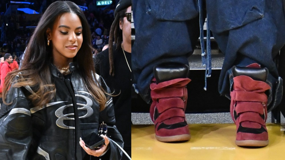 Jay-Z and Blue Ivy Carter attend a basketball game between the Los Angeles Lakers and San Antonio Spurs at Crypto.com Arena on Wednesday in Los Angeles, California.