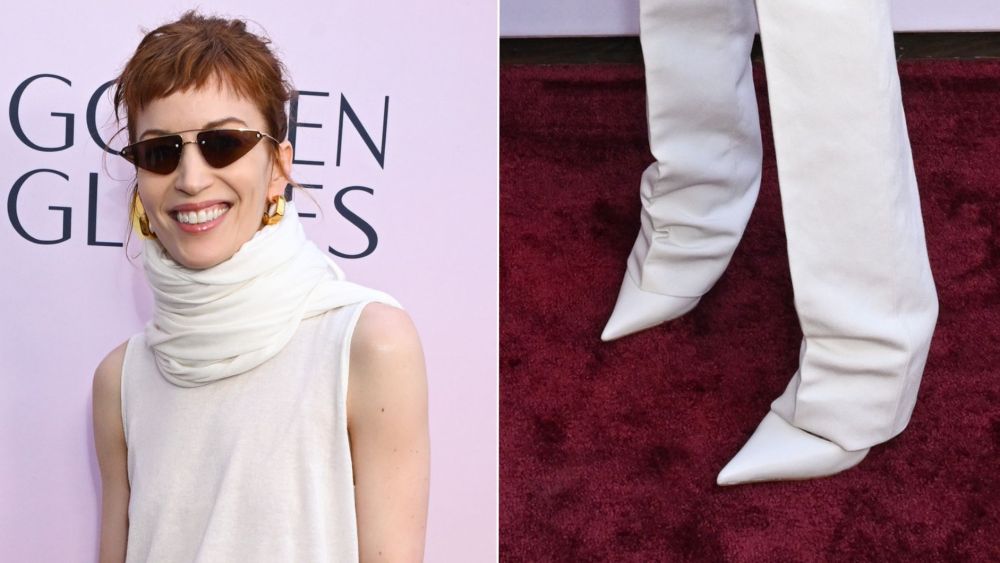 "Severance" star and Golden Globe nominee Britt Lower wears an all-white look from Calvin Klein spring 2026 collection, complete with white pointed-toe pumps, at the Golden Globes First-time Nominees Luncheon on Wednesday.