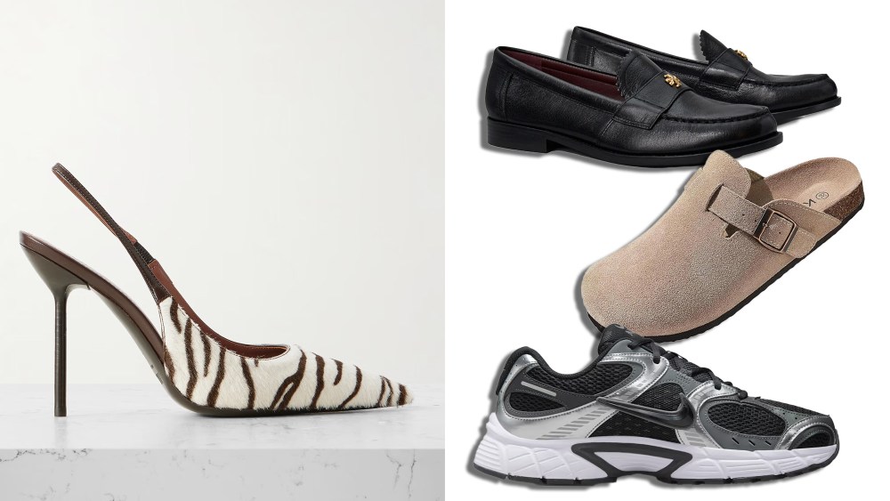 paris texas zebra print heels resting on a marble slab; three on-sale shoe styles for cyber monday, including nike, tory burch, and amazon options over a white background