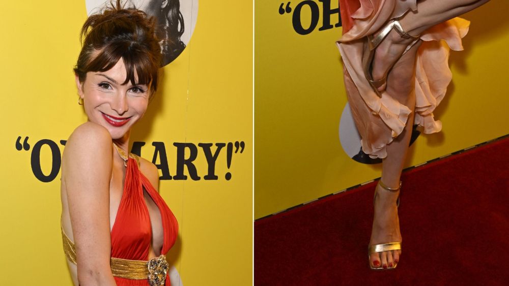 Dylan Mulvaney attends the London press performance of "Oh Mary!" in London on Thursday wearing Vince Camuto Saprenda sandals in a metallic gold finish.