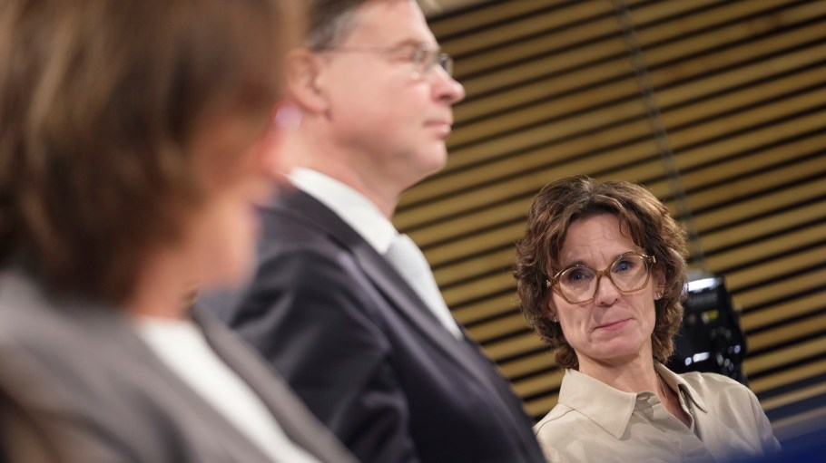 EU Commissioner for Clean, Just and Competitive Transition Teresa Ribera Rodriguez (L) the EU Commissioner for Economy and Productivity, Implementation and Simplification Valdis Dombrovskis (C) and the EU Commissioner for Environment, Water Resilience and a Competitive Circular Economy Jessika Roswall talk to media in the Berlaymont building, the EU Commission headquarter building on December 10, 2025 in Brussels, Belgium.