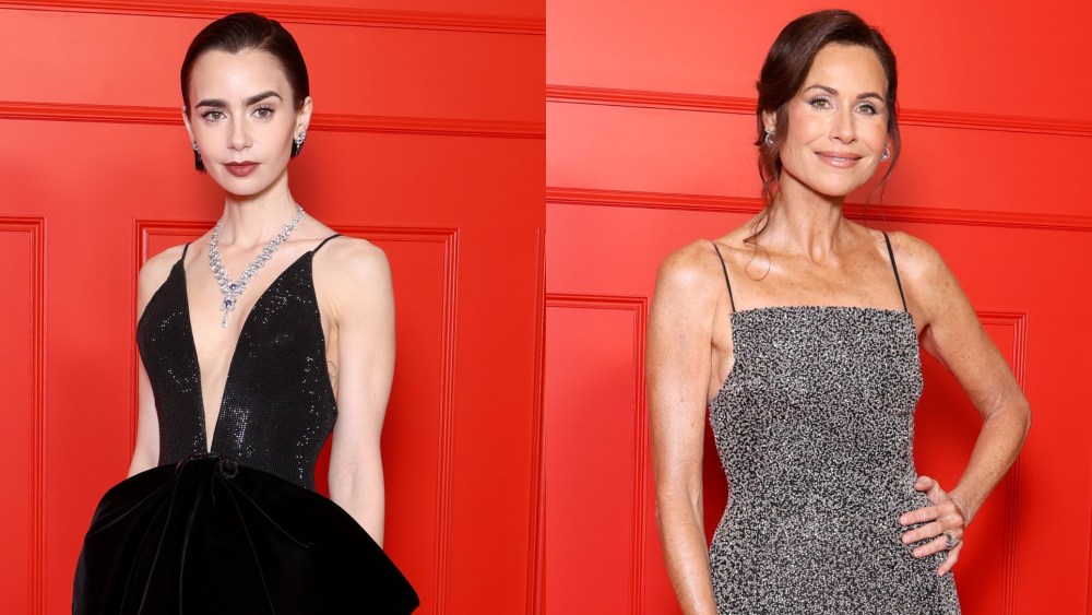 Lily Collins and Minnie Driver wear Armani at the "Emily In Paris" Season Five Netflix Paris premiere on Dec. 15, 2025 in Paris.