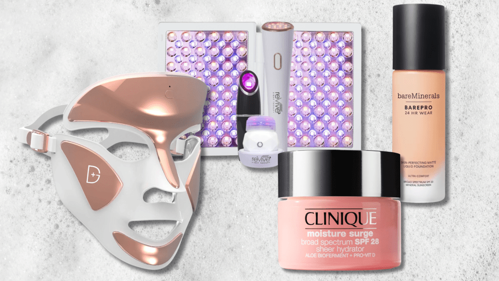 a range of fsa-eligible beauty products, from led face masks to clinique moisturizer, over a background of white bubbles