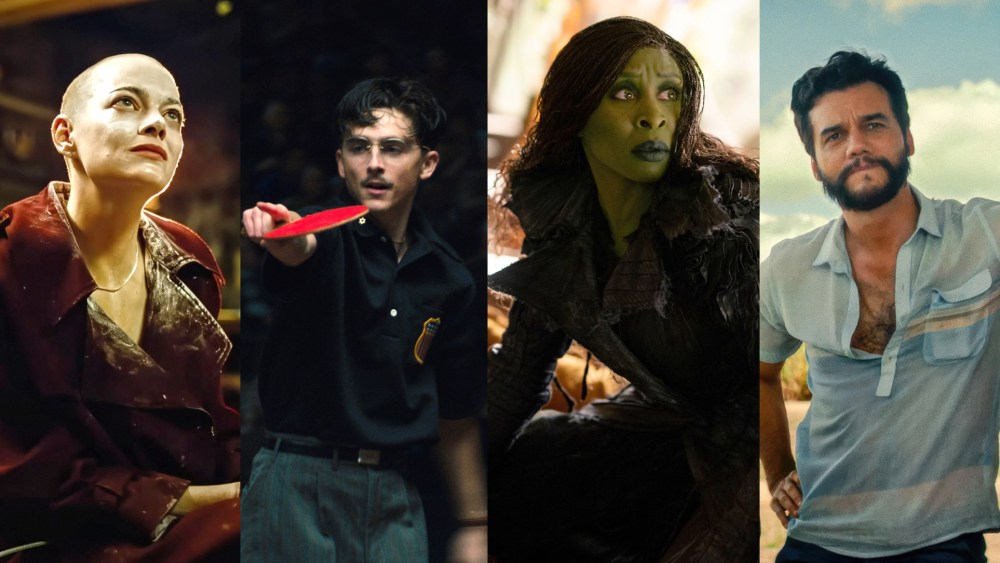 Emma Stone in "Bugonia," Timothée Chalamet in "Marty Supreme," Cynthia Erivo in "Wicked: For Good" and Wagner Moure in "The Secret Agent."