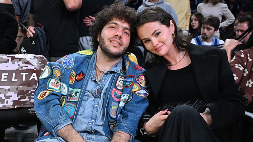 Benny Blanco and Selena Gomez attend a basketball game between the Los Angeles Lakers and the New Orleans Pelicans at Crypto.com Arena on Nov. 30, 2025 in Los Angeles.