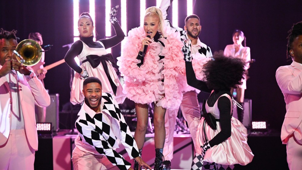 Gwen Stefani wears a floral bomber jacket by Selezza London during her appearance on "The Tonight Show Starring Jimmy Fallon" on Dec. 3, 2025 in New York City.