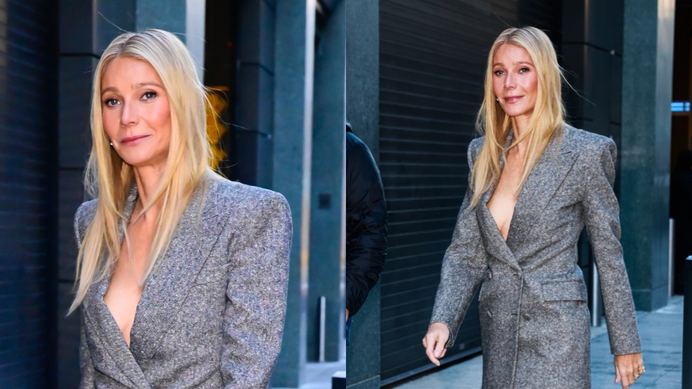 Gwyneth Paltrow wears a 1980s-inspired gray suit at "Good Morning America"on Dec. 15, 2025 in New York City.