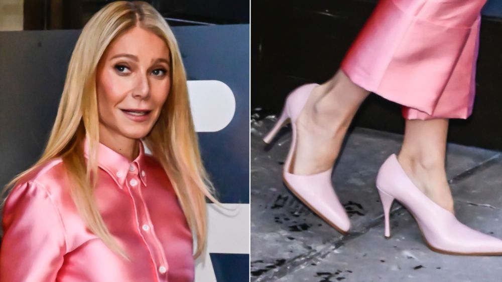 Gwyneth Paltrow kept it tonal in an all-pink look punctuated with a baby pink hybrid bootie D'Orsay pump in New York on Mondaay.